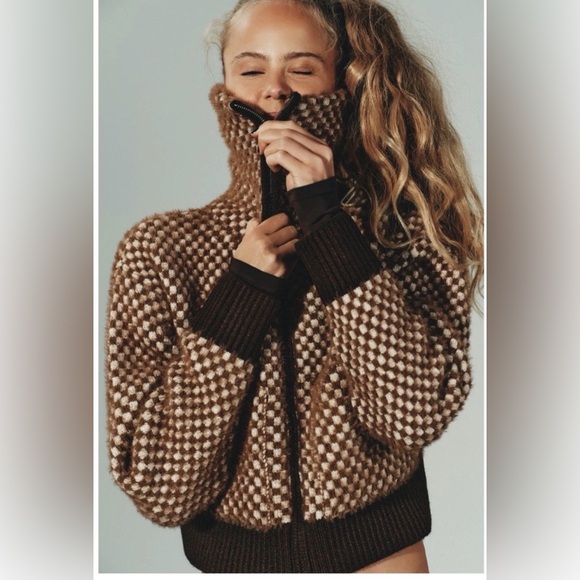 Zara faux fur combination knit bomber jacket in brown size small - Picture 3 of 9